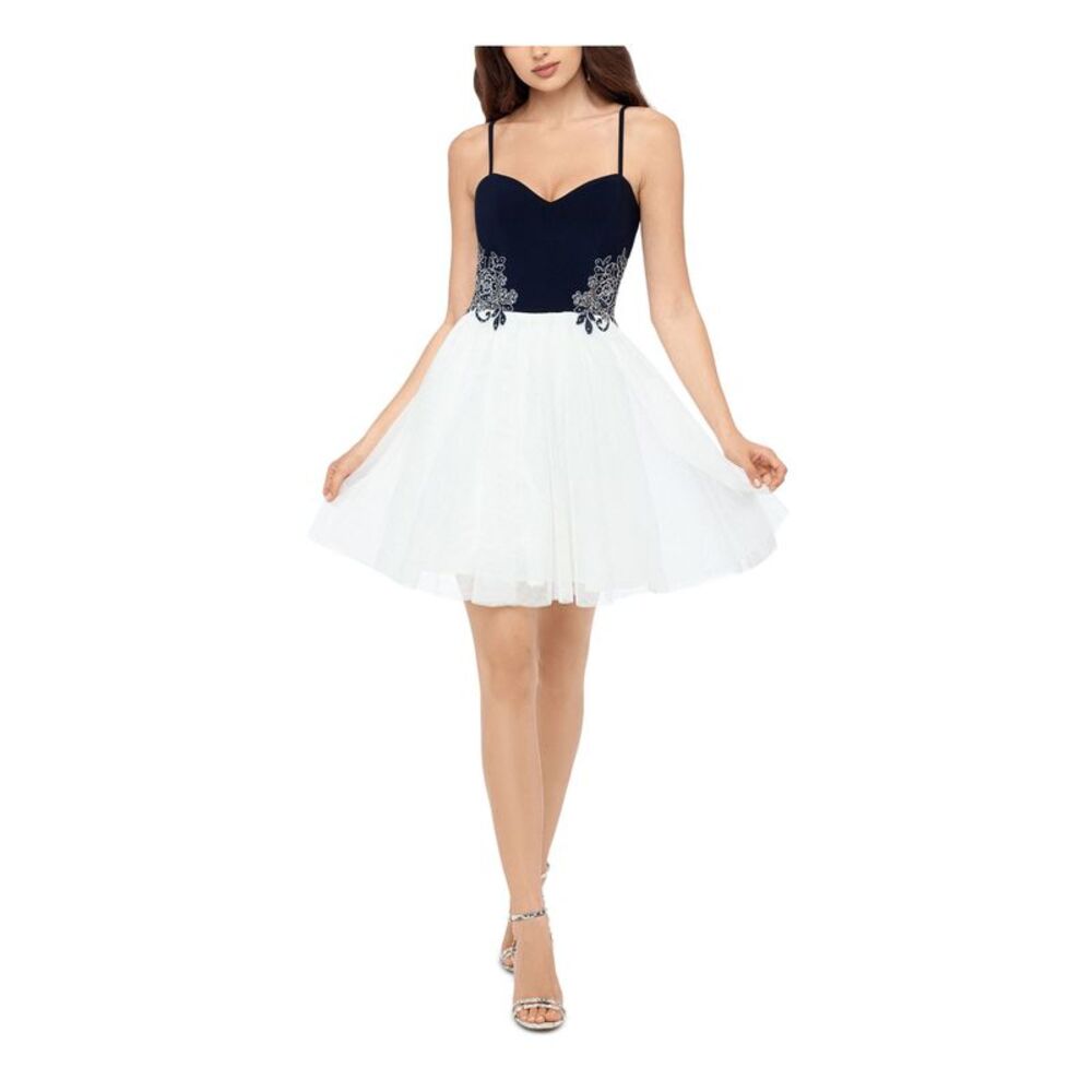 BLONDIE Womens Fit + Flare Mini Dress Navy Spaghetti Strap Formal Juniors 11